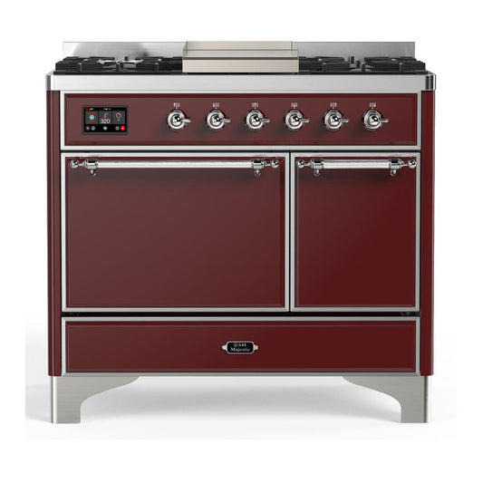 Ilve UMD40FQNR3BUC Ilve Umd40Fqnr3Buc Majestic Iii 40 Inch Dual Fuel Range With 6 Burners And Griddle, Dual Function Burner Up To 25,000 Btu (Natural Gas, Solid Door, Burgundy, Chrome)