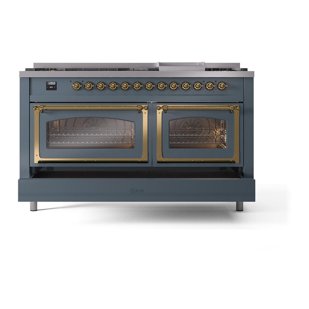 Ilve UN60FNMPBGG Ilve Un60Fnmpbgg Nostalgie Ii Noblesse 60" Dual Fuel Range (9 Sealed Burners + Griddle, Natural Gas, Triple Glass Door, Blue Grey, Brass)