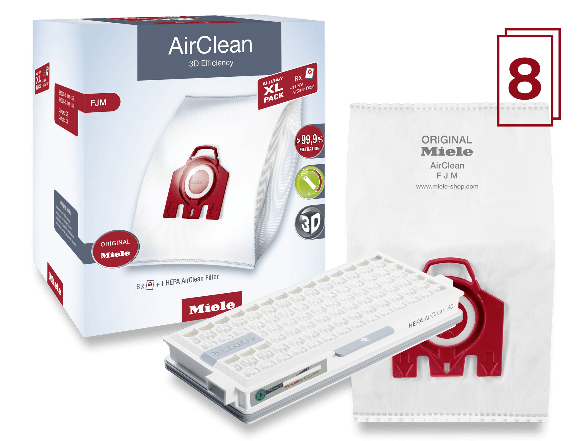 Miele SBSETFJMAAAIRCLEAN Xl-Pack Airclean 3D Efficiency Fjm - 8 Hyclean Air Dustbags And 1 Sf-Ha 50 Hepa Airclean Filter.