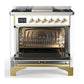 Ilve UM36FNR3WHGLP Ilve Um36Fnr3Whglp Majestic Iii 36 Inch Dual Fuel Range With 6 Black Brass Burners And Griddle, Dual Function Burner Up To 25,000 Btu (Triple Glass Door, White, Brass, Liquid Propane)