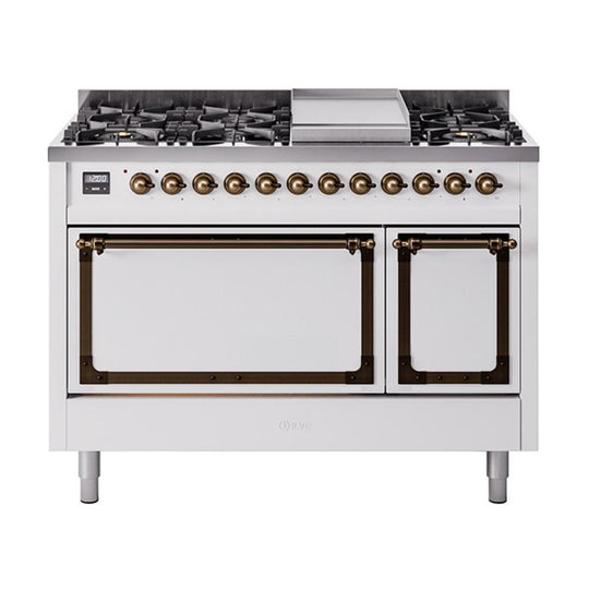 Ilve UN48FQNMPWHBLP Ilve Un48Fqnmpwhblp Nostalgie Ii Noblesse 48" Dual Fuel Range (8 Sealed Burners + Griddle, Liquid Propane, Solid Door, White, Burnished)