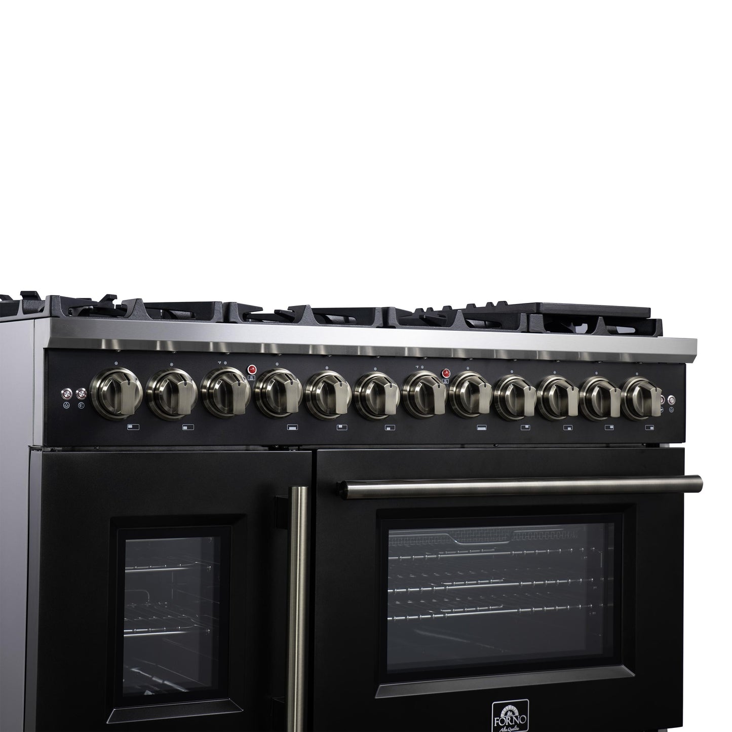 Forno FFSGS638748BLK Forno Capriasca 48 Inch Freestanding French Door Dual Fuel Range In Black With Antique Brass Accessories, 8 Burners, True Convection Oven