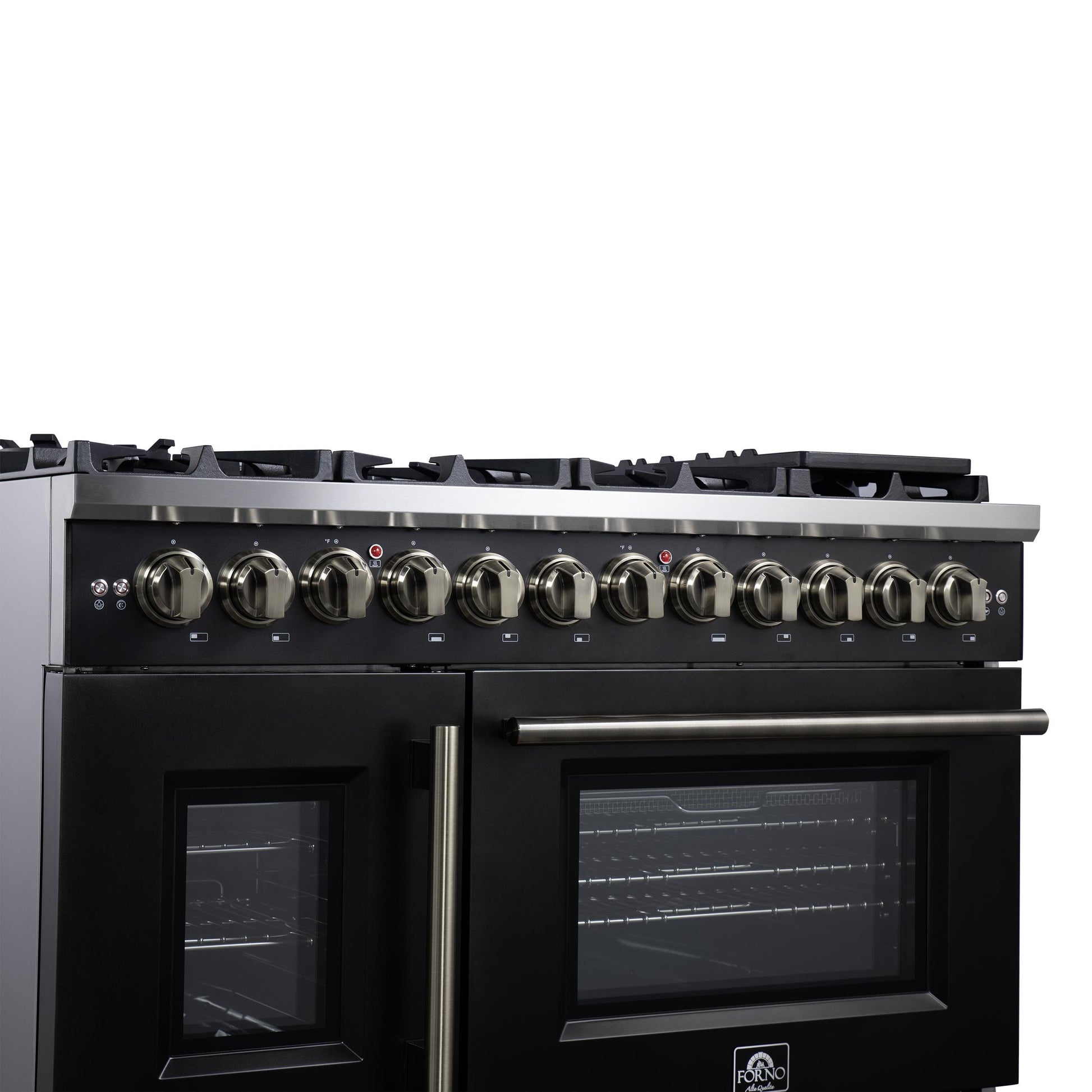 Forno FFSGS638748BLK Forno Capriasca 48 Inch Freestanding French Door Dual Fuel Range In Black With Antique Brass Accessories, 8 Burners, True Convection Oven