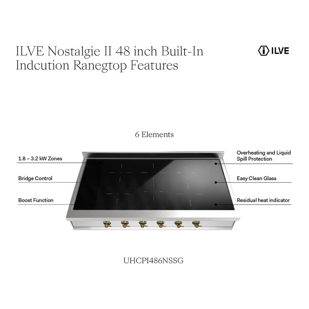 Ilve UHCPI486NSSG Ilve Uhcpi486Nssg Nostalgie Ii 48 Inch Built-In Induction Rangetop With 6 Elements (Stainless Steel, Brass)