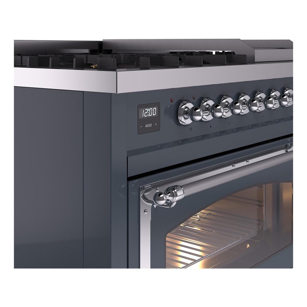 Ilve UN48FNMPBGC Ilve Un48Fnmpbgc Nostalgie Ii Noblesse 48" Dual Fuel Range (8 Sealed Burners + Griddle, Natural Gas, Triple Glass Door, Blue Grey, Chrome)