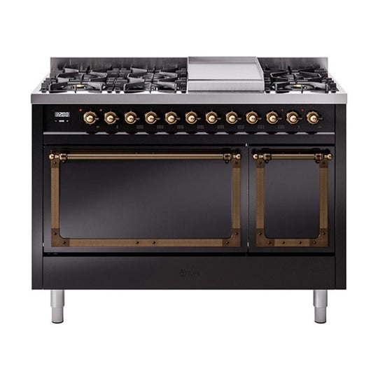 Ilve UN48FQNMPBKB Ilve Un48Fqnmpbkb Nostalgie Ii Noblesse 48" Dual Fuel Range (8 Sealed Burners + Griddle, Natural Gas, Solid Door, Glossy Black, Burnished)