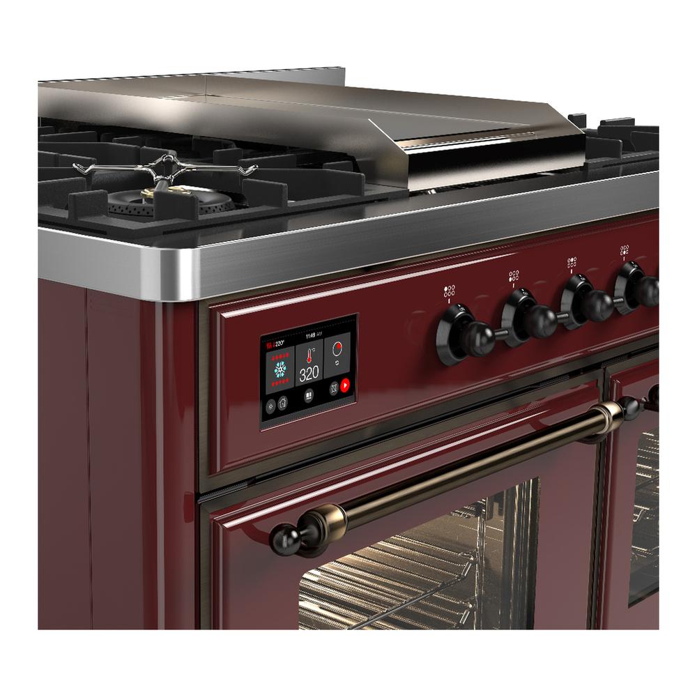 Ilve UMD40FNR3BUBLP Ilve Umd40Fnr3Bublp Majestic Iii 40 Inch Dual Fuel Range With 6 Burners And Griddle, Dual Function Burner Up To 25,000 Btu (Liquid Propane, Triple Glass Door, Burgundy, Burnished)