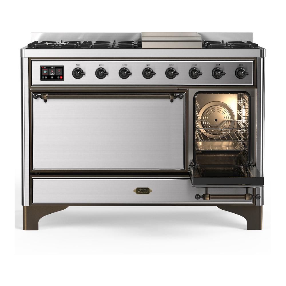 Ilve UM48FQNR3SSB Ilve Um48Fqnr3Ssb Majestic Iii 48 Inch Dual Fuel Range With 8 Burners And Griddle, Dual Function Burner Up To 25,000 Btu (Natural Gas, Solid Door, Stainless Steel, Burnished)