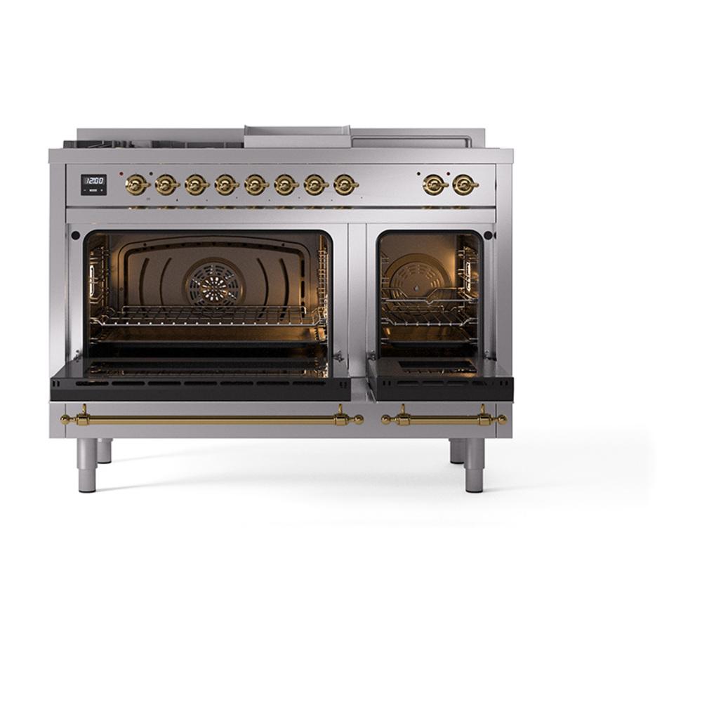 Ilve UN48FSQNMPSSG Ilve Un48Fsqnmpssg Nostalgie Ii Noblesse 48" Dual Fuel Range (5 Sealed Burners + Griddle + French Top, Natural Gas, Solid Door, Stainless Steel, Brass)