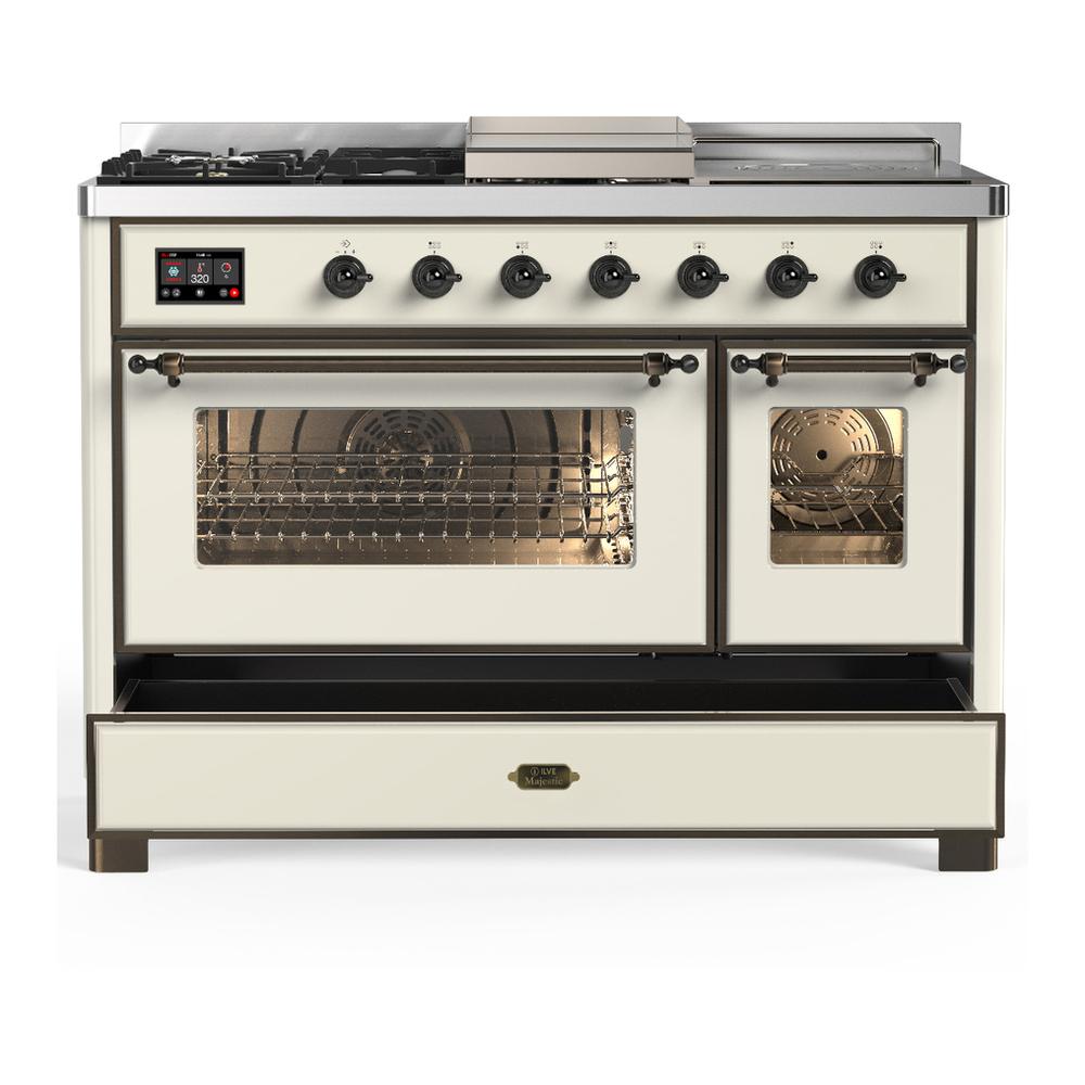 Ilve UM48FSNR3AWBLP Ilve Um48Fsnr3Awblp Majestic Iii 48 Inch Dual Fuel Range With 5 Black Brass Burners, Griddle And French Top, Dual Function Burner Up To 25,000 Btu (Liquid Propane, Triple Glass Door, Antique White, Burnished)