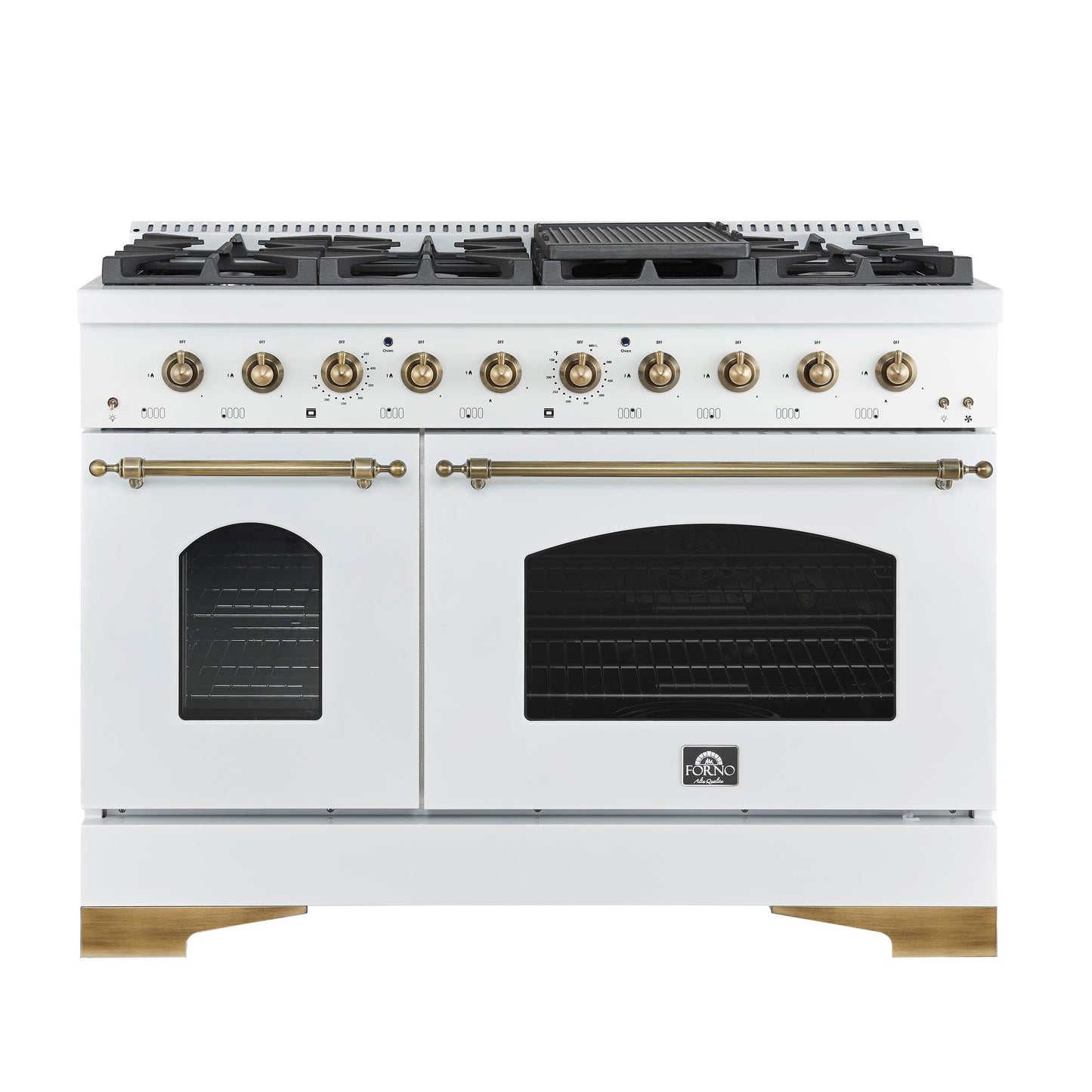 Forno FFSGS621948WHT Forno Antico 48-Inch Freestanding Gas Range, White, Antique Brass Design, 8 Burners, Griddle, Double Ovens, Energy Efficient