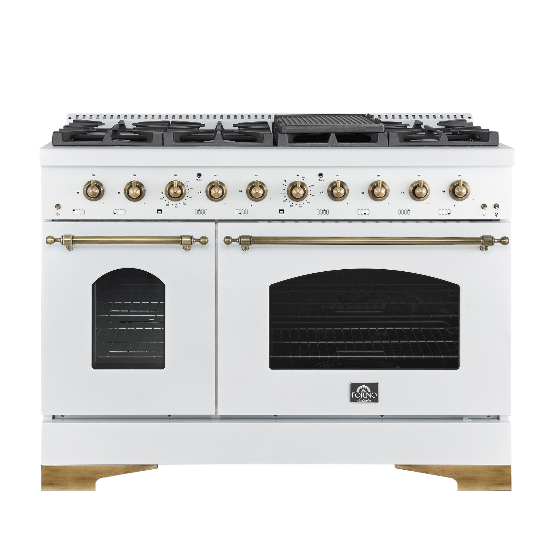 Forno FFSGS621948WHT Forno Antico 48-Inch Freestanding Gas Range, White, Antique Brass Design, 8 Burners, Griddle, Double Ovens, Energy Efficient