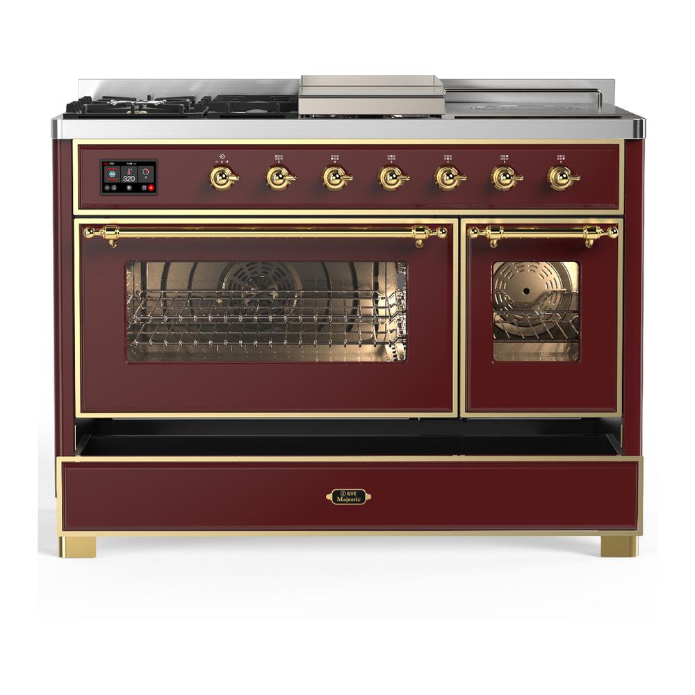 Ilve UM48FSNR3BUG Ilve Um48Fsnr3Bug Majestic Iii 48 Inch Dual Fuel Range With 5 Black Brass Burners, Griddle And French Top, Dual Function Burner Up To 25,000 Btu (Natural Gas, Triple Glass Door, Burgundy, Brass)