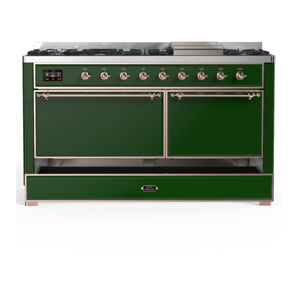 Ilve UM60FQNR3EGP Ilve Um60Fqnr3Egp Majestic Iii 60 Inch Dual Fuel Range With 9 Burners And Griddle, Dual Function Burner Up To 25,000 Btu (Natural Gas, Solid Door, Emerald Green, Copper)