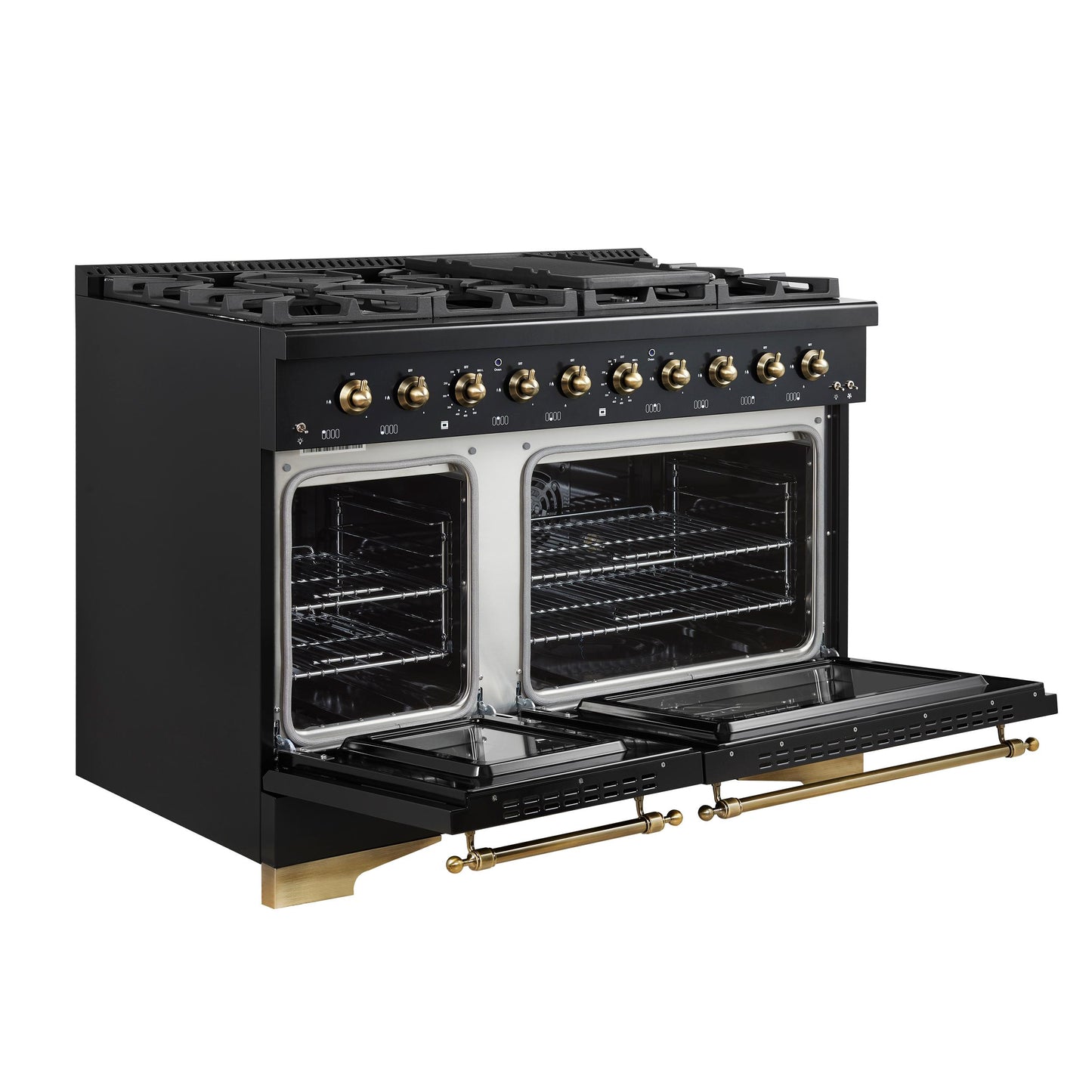 Forno FFSGS611348BLK Forno Antico 48-Inch Dual Fuel Range, Black With Antique Brass Finish, 8 Burners, 94,000 Btu, 5.5 Cu.Ft. Double Ovens & Griddle