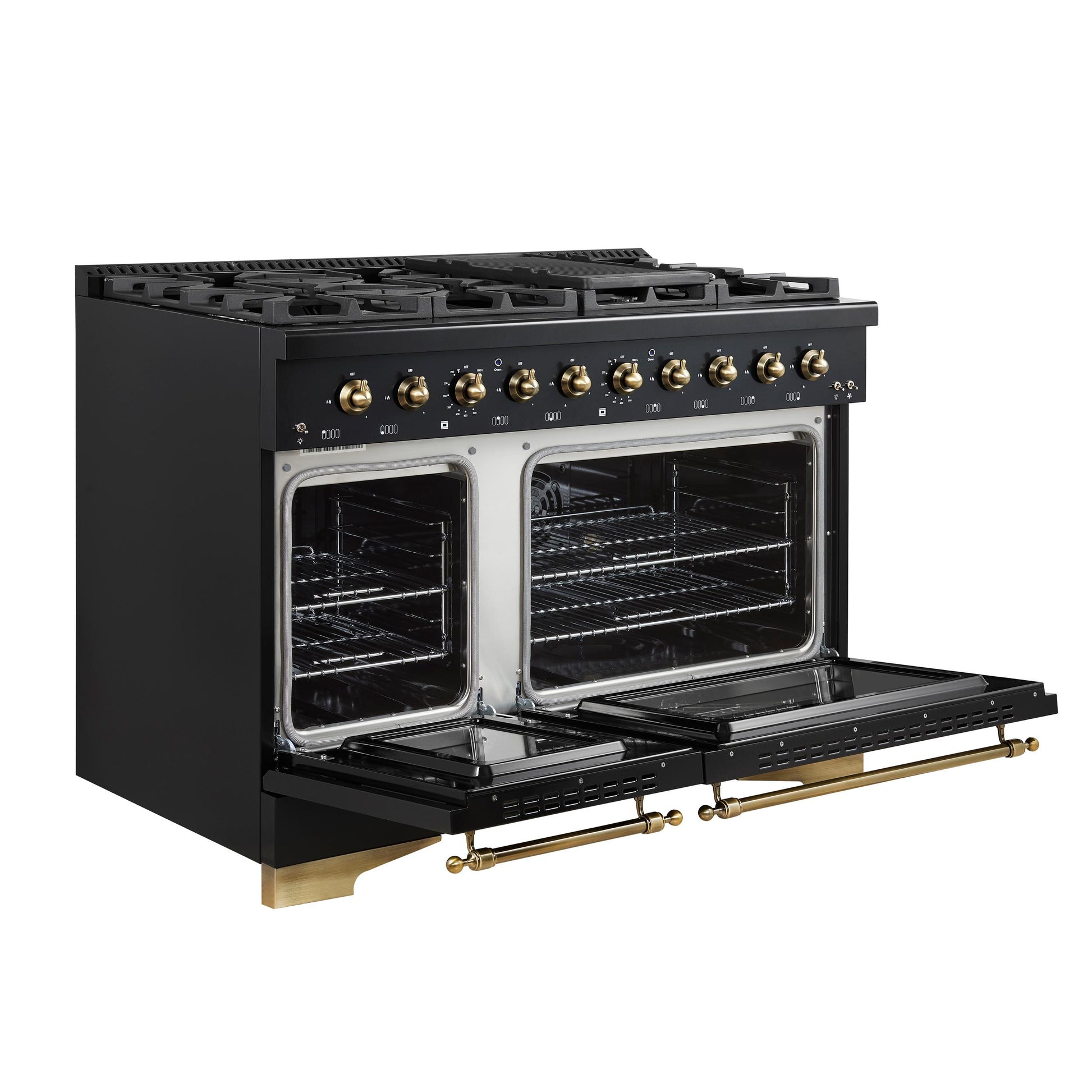 Forno FFSGS611348BLK Forno Antico 48-Inch Dual Fuel Range, Black With Antique Brass Finish, 8 Burners, 94,000 Btu, 5.5 Cu.Ft. Double Ovens & Griddle