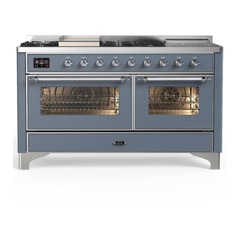 Ilve UM60FSNR3BGCLP Ilve Um60Fsnr3Bgclp Majestic Iii 60 Inch Dual Fuel Range With 7 Burners, Griddle And French Top, Dual Function Burner With Up To 25,000 Btu (Liquid Propane, Triple Glass Door, Blue Grey, Chrome)