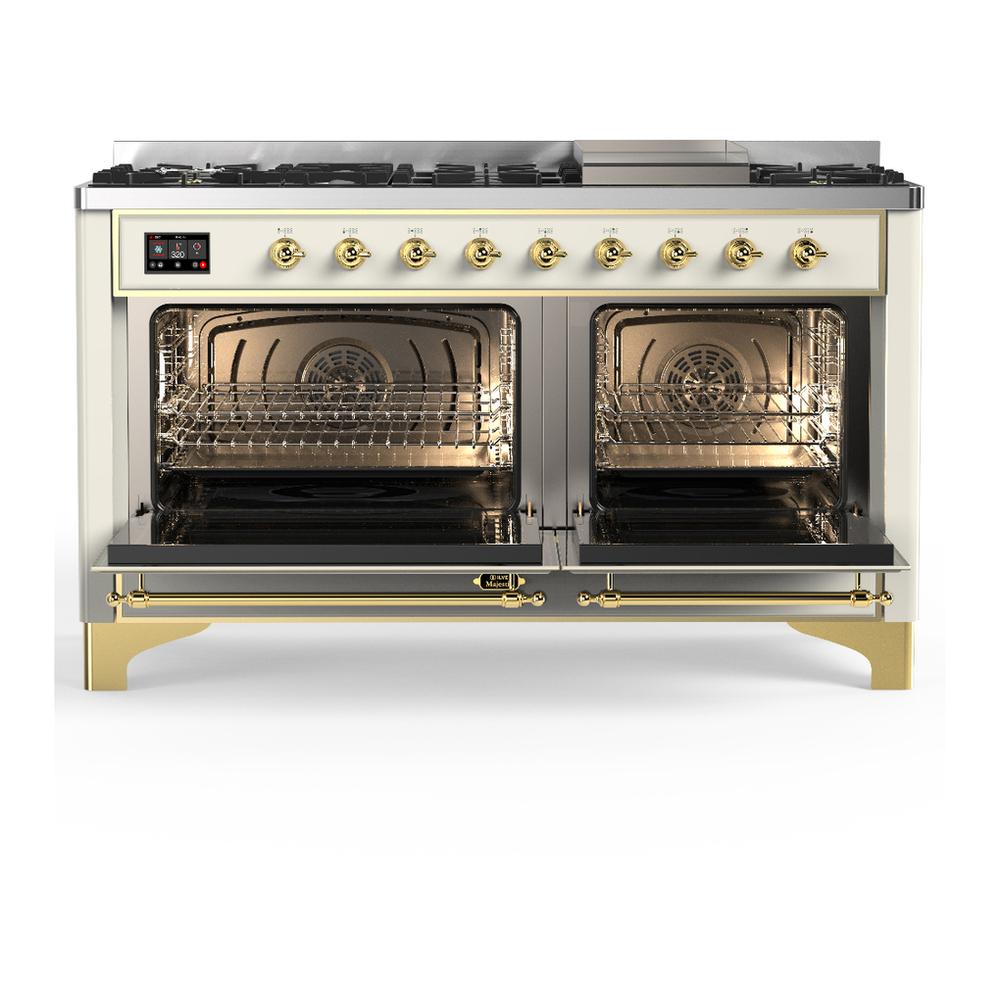 Ilve UM60FNR3AWGLP Ilve Um60Fnr3Awglp Majestic Iii 60 Inch Dual Fuel Range With 9 Burners And Griddle, Dual Function Burner Up To 25,000 Btu (Liquid Propane, Triple Glass Door, Antique White, Brass)