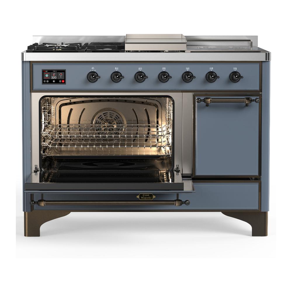 Ilve UM48FSQNR3BGB Ilve Um48Fsqnr3Bgb Majestic Iii 48 Inch Dual Fuel Range With 5 Black Brass Burners, Griddle And French Top, Dual Function Burner Up To 25,000 Btu (Natural Gas, Solid Door, Blue Grey, Burnished)