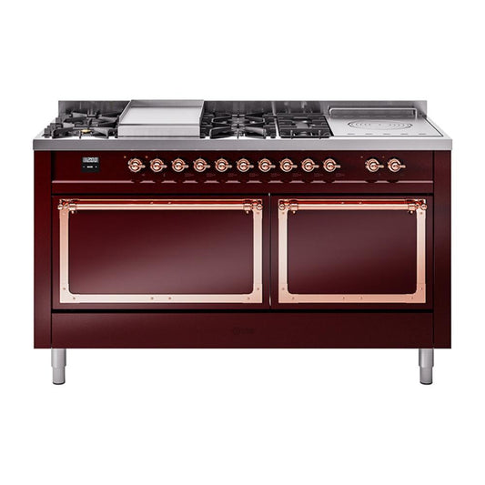 Ilve UN60FSQNMPBUPLP Ilve Un60Fsqnmpbuplp Nostalgie Ii Noblesse 60" Dual Fuel Range (7 Sealed Burners + Griddle + French Top, Liquid Propane, Solid Door, Burgundy, Copper)