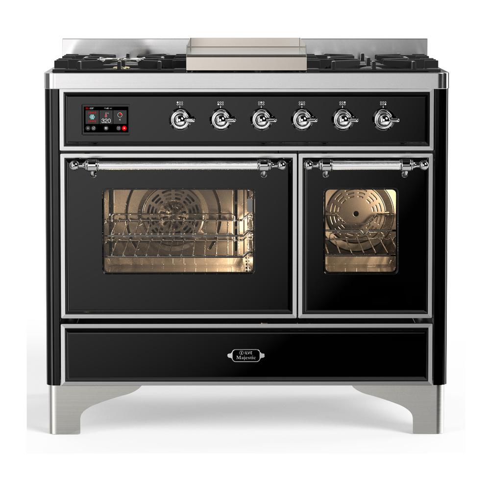 Ilve UMD40FNR3BKCLP Ilve Umd40Fnr3Bkclp Majestic Iii 40 Inch Dual Fuel Range With 6 Burners And Griddle, Dual Function Burner Up To 25,000 Btu (Liquid Propane, Triple Glass Door, Glossy Black, Chrome)