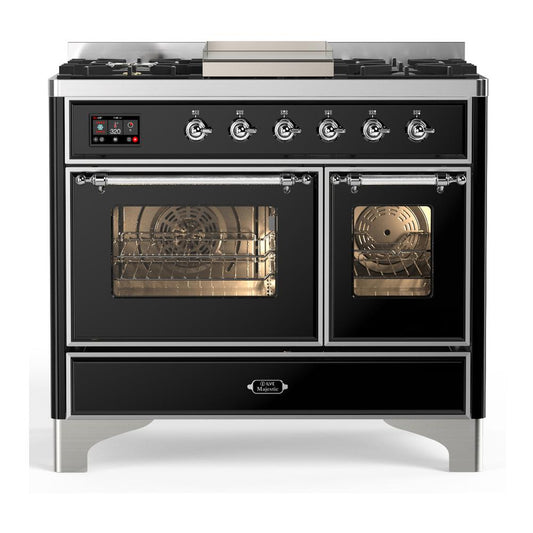 Ilve UMD40FNR3BKCLP Ilve Umd40Fnr3Bkclp Majestic Iii 40 Inch Dual Fuel Range With 6 Burners And Griddle, Dual Function Burner Up To 25,000 Btu (Liquid Propane, Triple Glass Door, Glossy Black, Chrome)