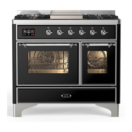 Ilve UMD40FNR3BKCLP Ilve Umd40Fnr3Bkclp Majestic Iii 40 Inch Dual Fuel Range With 6 Burners And Griddle, Dual Function Burner Up To 25,000 Btu (Liquid Propane, Triple Glass Door, Glossy Black, Chrome)