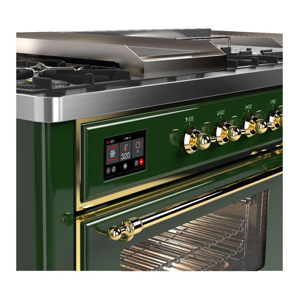 Ilve UM60FSNR3EGGLP Ilve Um60Fsnr3Egglp Majestic Iii 60 Inch Dual Fuel Range With 7 Burners, Griddle And French Top, Dual Function Burner With Up To 25,000 Btu (Liquid Propane, Triple Glass Door, Emerald Green, Brass)