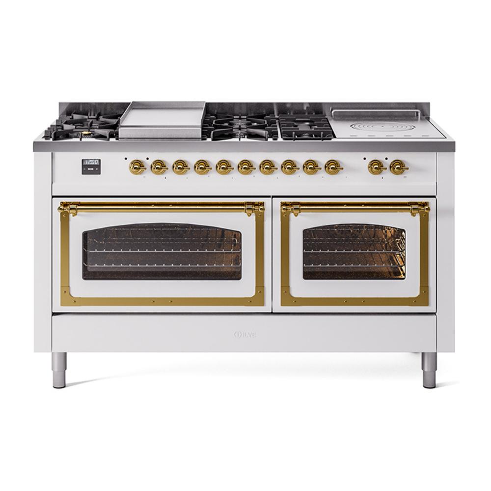 Ilve UN60FSNMPWHGLP Ilve Un60Fsnmpwhglp Nostalgie Ii Noblesse 60" Dual Fuel Range (7 Sealed Burners + Griddle + French Top, Liquid Propane, Triple Glass Door, White, Brass)