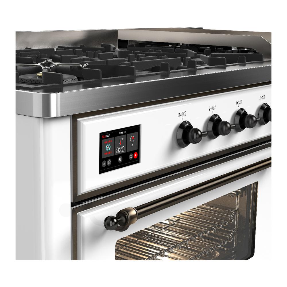 Ilve UM60FNR3WHB Ilve Um60Fnr3Whb Majestic Iii 60 Inch Dual Fuel Range With 9 Burners And Griddle, Dual Function Burner Up To 25,000 Btu (Natural Gas, Triple Glass Door, White, Burnished)