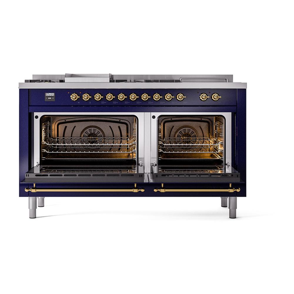 Ilve UN60FSNMPMBGLP Ilve Un60Fsnmpmbglp Nostalgie Ii Noblesse 60" Dual Fuel Range (7 Sealed Burners + Griddle + French Top, Liquid Propane, Triple Glass Door, Midnight Blue, Brass)
