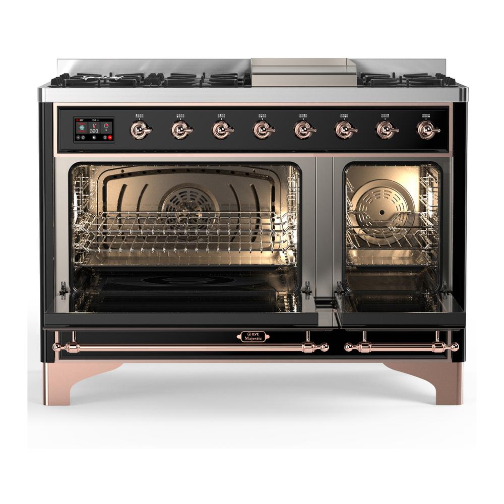 Ilve UM48FNR3BKP Ilve Um48Fnr3Bkp Majestic Iii 48 Inch Dual Fuel Range With 8 Burners And Griddle, Dual Function Burner Up To 25,000 Btu (Natural Gas, Triple Glass Door, Glossy Black, Copper)