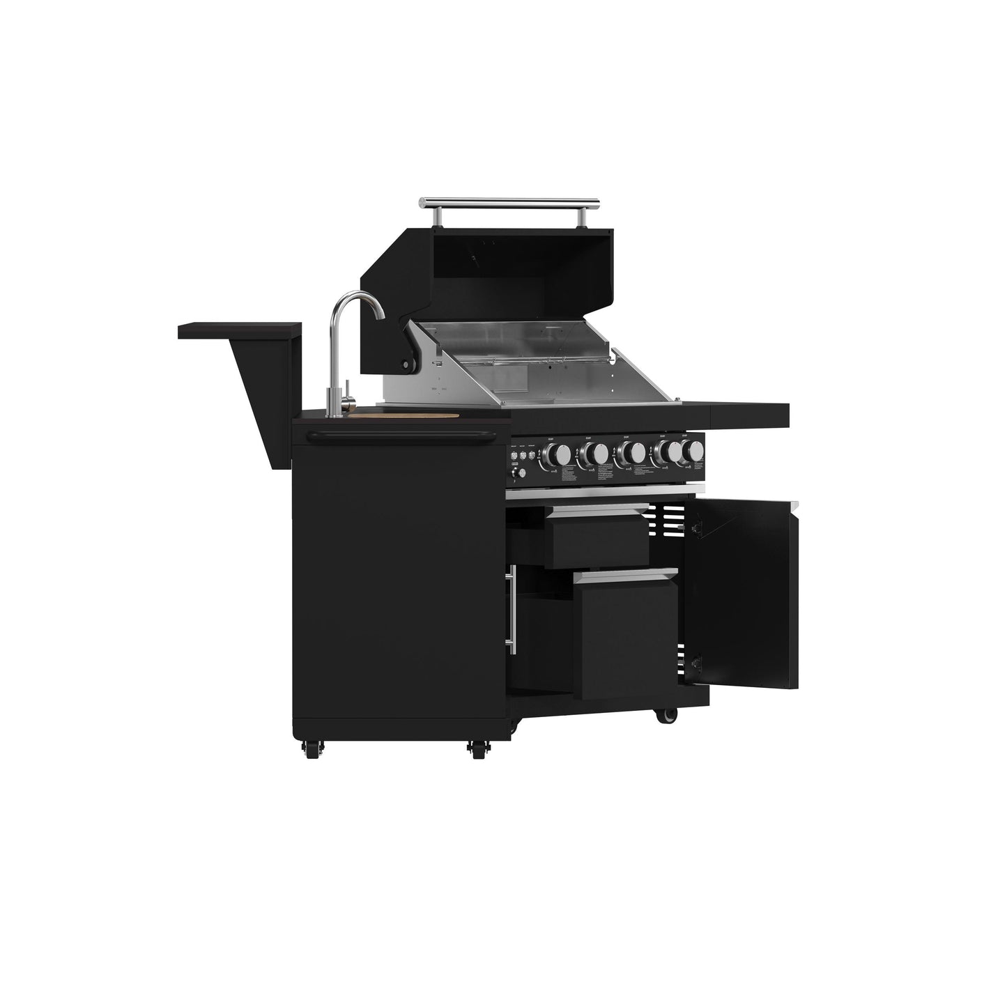 Forno FODKT2582BLK Forno All Aperto 62,600 Btu Bbq, 3 Stainless Steel Burners, Infrared Burners, Sink Module, Black Sintered Stone Countertops, Bar And Beverage Center