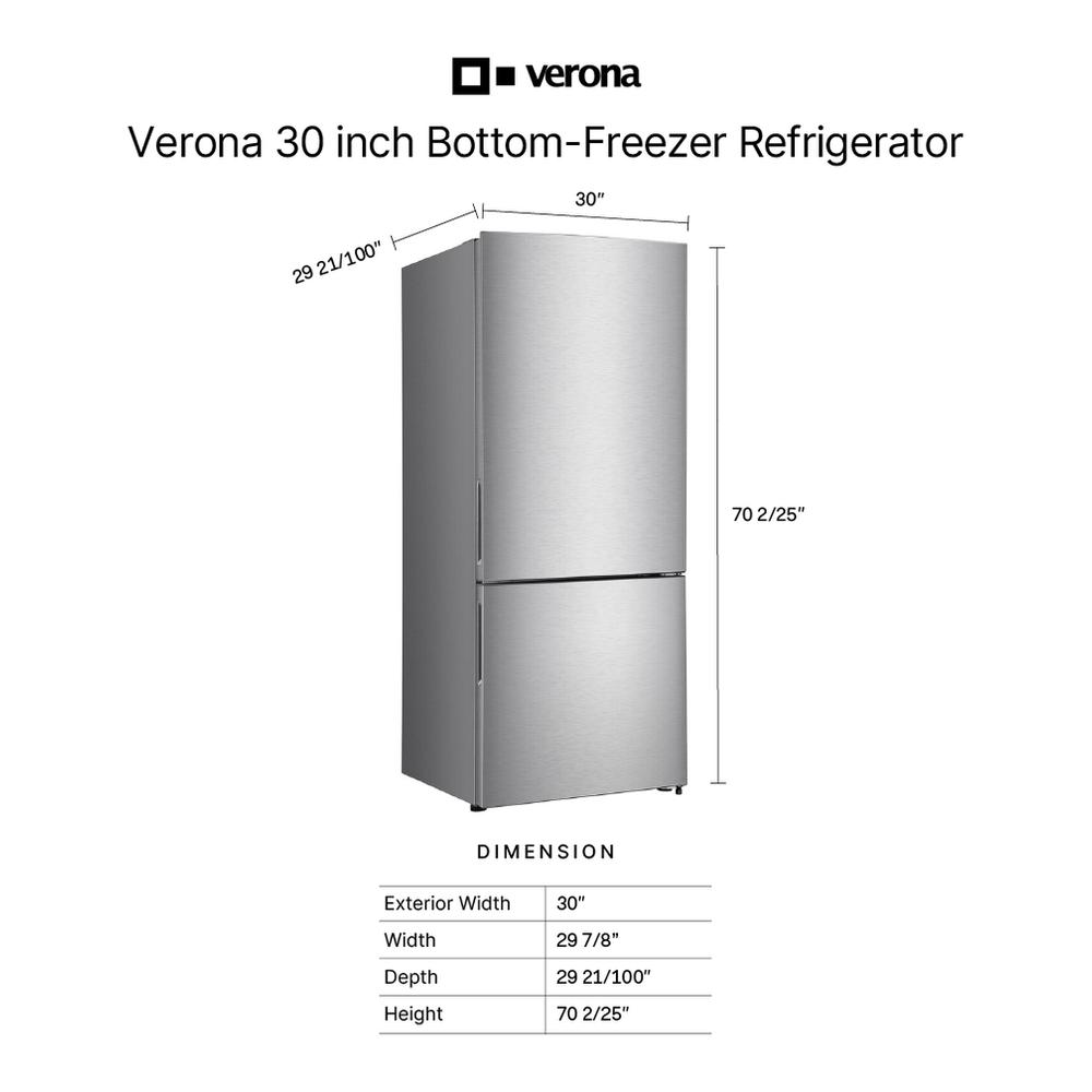 Verona VEFBF3017RISL Verona Vefbf3017Risl 30 Inch Freestanding Bottom Freezer Refrigerator With 17.6 Cu. Ft. Total Capacity, Automatic Ice Maker, Recessed Handle