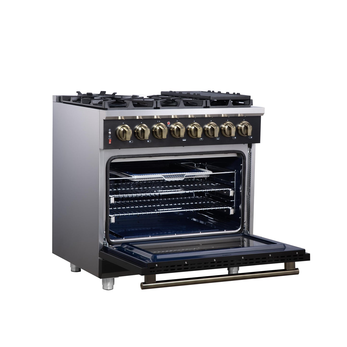 Forno FFSGS612536BLK Forno Massimo 36 Inch Freestanding Dual Fuel Range In Black With Antique Brass Accessories, 6 Burners, 5.36 Cu. Ft. Convection Oven