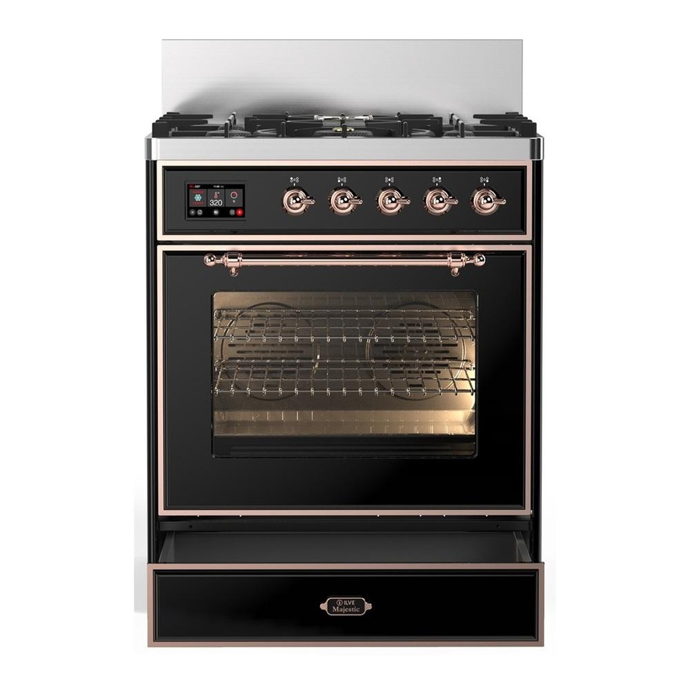 Ilve UM30NR3BKP Ilve Um30Nr3Bkp Majestic Iii 30 Inch Dual Fuel Range With 5 Black Brass Burners, Dual Function Burner Up To 25,000 Btu (Natural Gas, Triple Glass Door, Glossy Black, Copper)