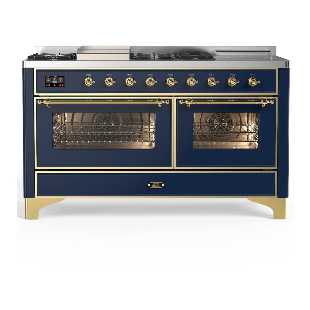 Ilve UM60FSNR3MBG Ilve Um60Fsnr3Mbg Majestic Iii 60 Inch Dual Fuel Range With 7 Burners, Griddle And French Top, Dual Function Burner With Up To 25,000 Btu (Natural Gas, Triple Glass Door, Midnight Blue, Brass)