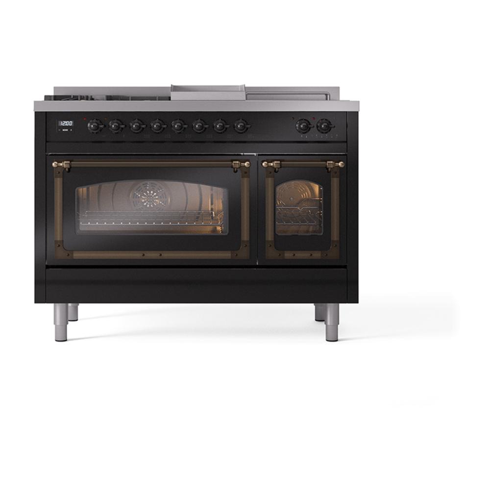 Ilve UN48FSNMPBKB Ilve Un48Fsnmpbkb Nostalgie Ii Noblesse 48" Dual Fuel Range (5 Sealed Burners + Griddle + French Top, Natural Gas, Triple Glass Door, Glossy Black, Burnished)