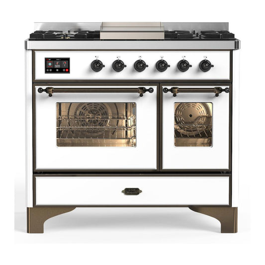 Ilve UMD40FNR3WHBLP Ilve Umd40Fnr3Whblp Majestic Iii 40 Inch Dual Fuel Range With 6 Burners And Griddle, Dual Function Burner Up To 25,000 Btu (Liquid Propane, Triple Glass Door, White, Burnished)