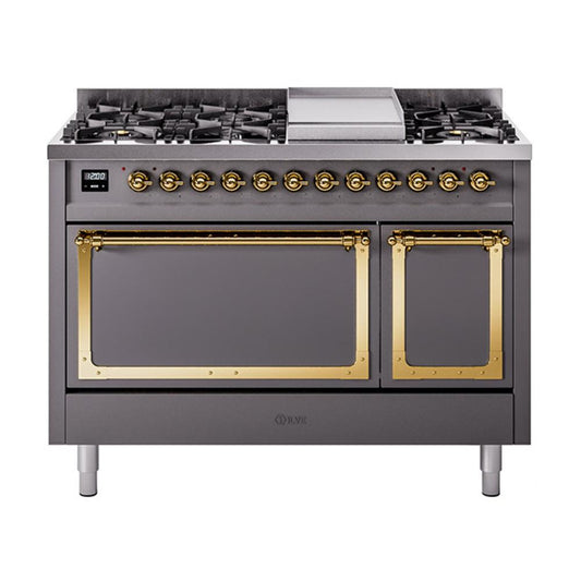 Ilve UN48FQNMPMGGLP Ilve Un48Fqnmpmgglp Nostalgie Ii Noblesse 48" Dual Fuel Range (8 Sealed Burners + Griddle, Liquid Propane, Solid Door, Graphite Matte, Brass)