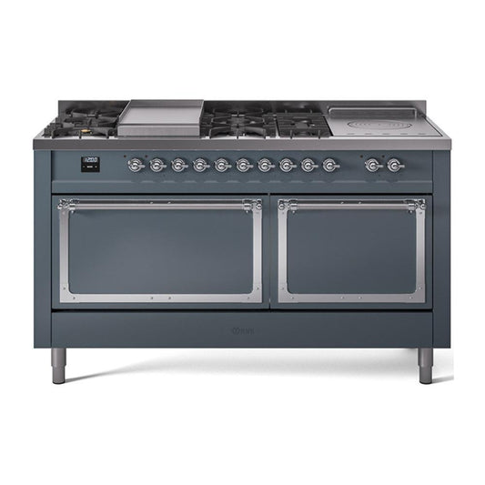 Ilve UN60FSQNMPBGCLP Ilve Un60Fsqnmpbgclp Nostalgie Ii Noblesse 60" Dual Fuel Range (7 Sealed Burners + Griddle + French Top, Liquid Propane, Solid Door, Blue Grey, Chrome)