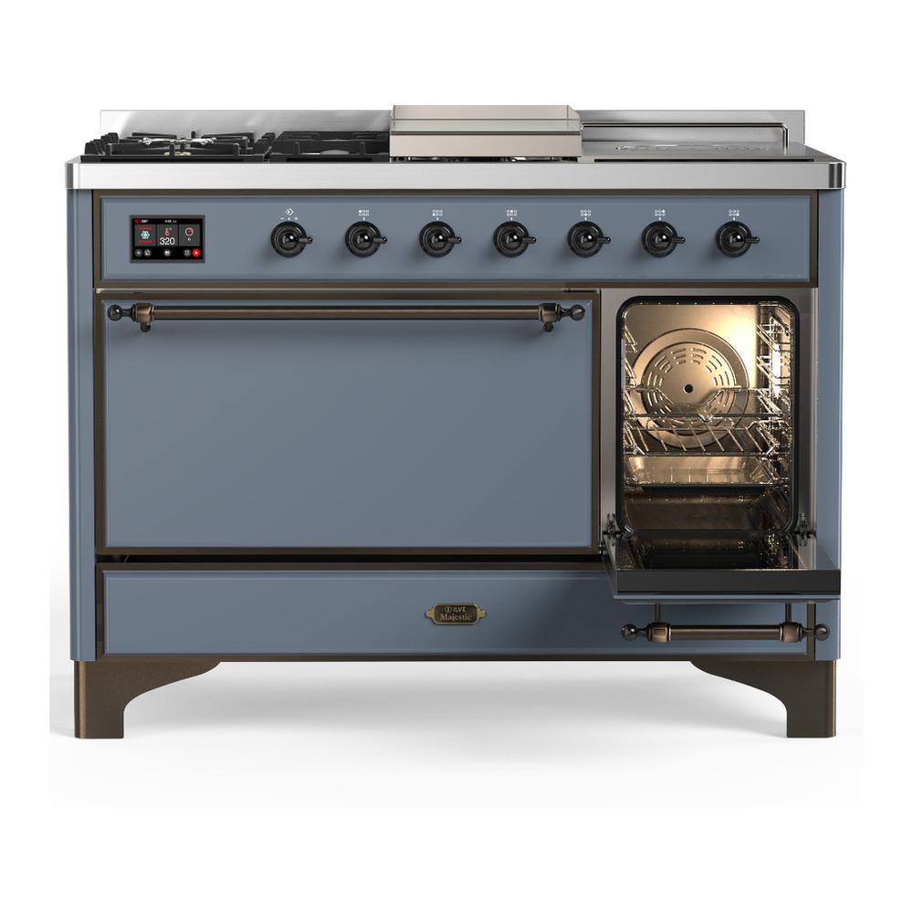 Ilve UM48FSQNR3BGB Ilve Um48Fsqnr3Bgb Majestic Iii 48 Inch Dual Fuel Range With 5 Black Brass Burners, Griddle And French Top, Dual Function Burner Up To 25,000 Btu (Natural Gas, Solid Door, Blue Grey, Burnished)