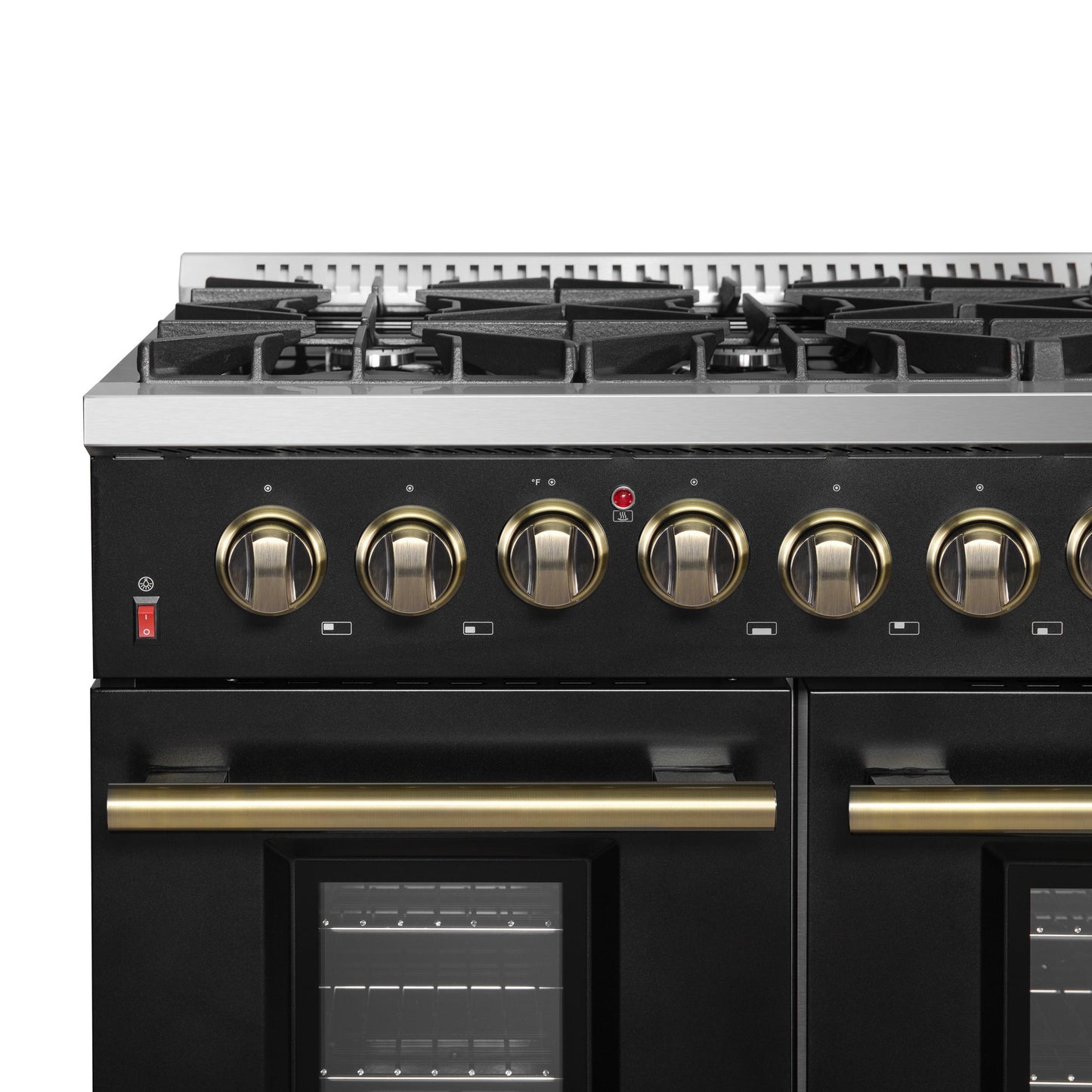 Forno FFSGS615648BLK Galiano 48-Inch Dual Fuel Range Black & Antique Brass Design With 8 Sealed Burners 107,000 Btu, 6.58 Cu. Ft. Double Ovens & Griddle