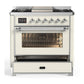 Ilve UM36FNR3AWC Ilve Um36Fnr3Awc Majestic Iii 36 Inch Dual Fuel Range With 6 Black Brass Burners And Griddle, Dual Function Burner Up To 25,000 Btu (Triple Glass Door, Antique White, Chrome, Natural Gas)