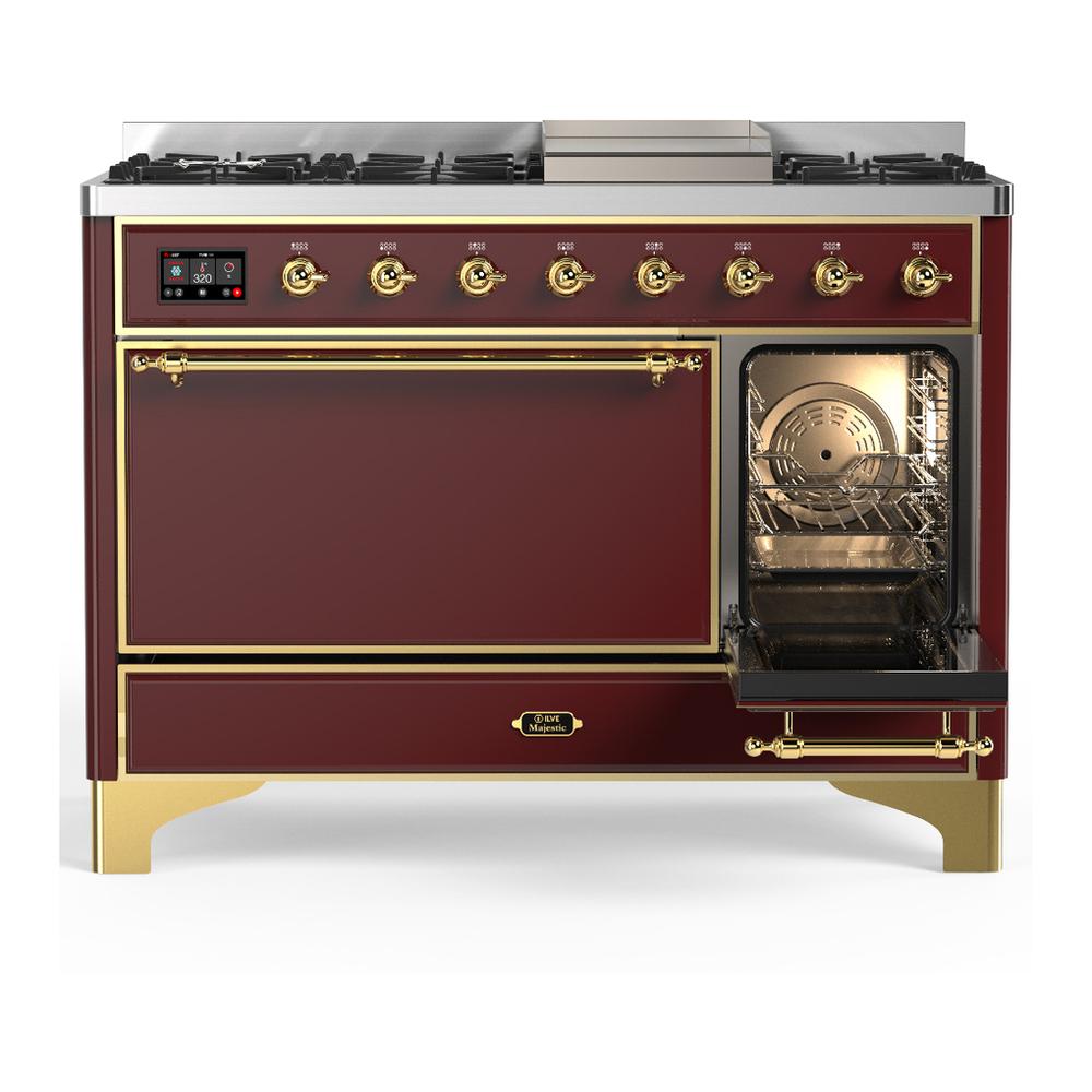 Ilve UM48FQNR3BUGLP Ilve Um48Fqnr3Buglp Majestic Iii 48 Inch Dual Fuel Range With 8 Burners And Griddle, Dual Function Burner Up To 25,000 Btu (Liquid Propane, Solid Door, Burgundy, Brass)
