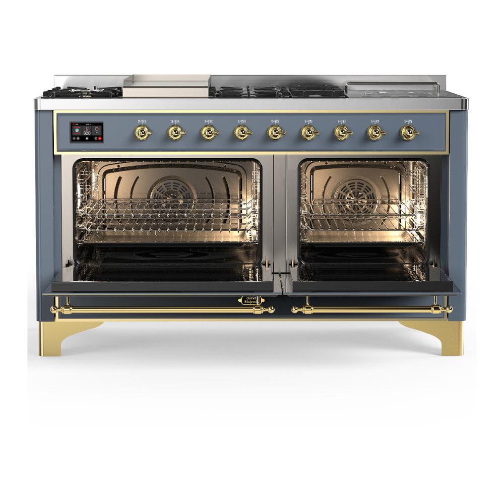 Ilve UM60FSNR3BGG Ilve Um60Fsnr3Bgg Majestic Iii 60 Inch Dual Fuel Range With 7 Burners, Griddle And French Top, Dual Function Burner With Up To 25,000 Btu (Natural Gas, Triple Glass Door, Blue Grey, Brass)