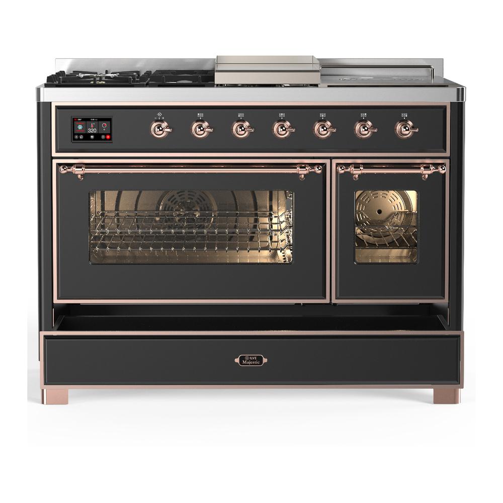Ilve UM48FSNR3MGP Ilve Um48Fsnr3Mgp Majestic Iii 48 Inch Dual Fuel Range With 5 Black Brass Burners, Griddle And French Top, Dual Function Burner Up To 25,000 Btu (Natural Gas, Triple Glass Door, Graphite Matte, Copper)