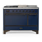 Ilve UM48FSQNR3MBB Ilve Um48Fsqnr3Mbb Majestic Iii 48 Inch Dual Fuel Range With 5 Black Brass Burners, Griddle And French Top, Dual Function Burner Up To 25,000 Btu (Natural Gas, Solid Door, Midnight Blue, Burnished)