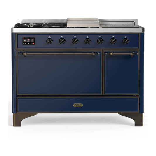 Ilve UM48FSQNR3MBB Ilve Um48Fsqnr3Mbb Majestic Iii 48 Inch Dual Fuel Range With 5 Black Brass Burners, Griddle And French Top, Dual Function Burner Up To 25,000 Btu (Natural Gas, Solid Door, Midnight Blue, Burnished)