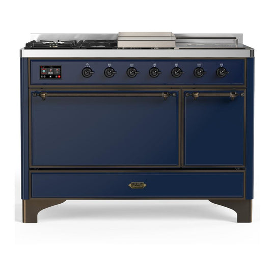 Ilve UM48FSQNR3MBB Ilve Um48Fsqnr3Mbb Majestic Iii 48 Inch Dual Fuel Range With 5 Black Brass Burners, Griddle And French Top, Dual Function Burner Up To 25,000 Btu (Natural Gas, Solid Door, Midnight Blue, Burnished)